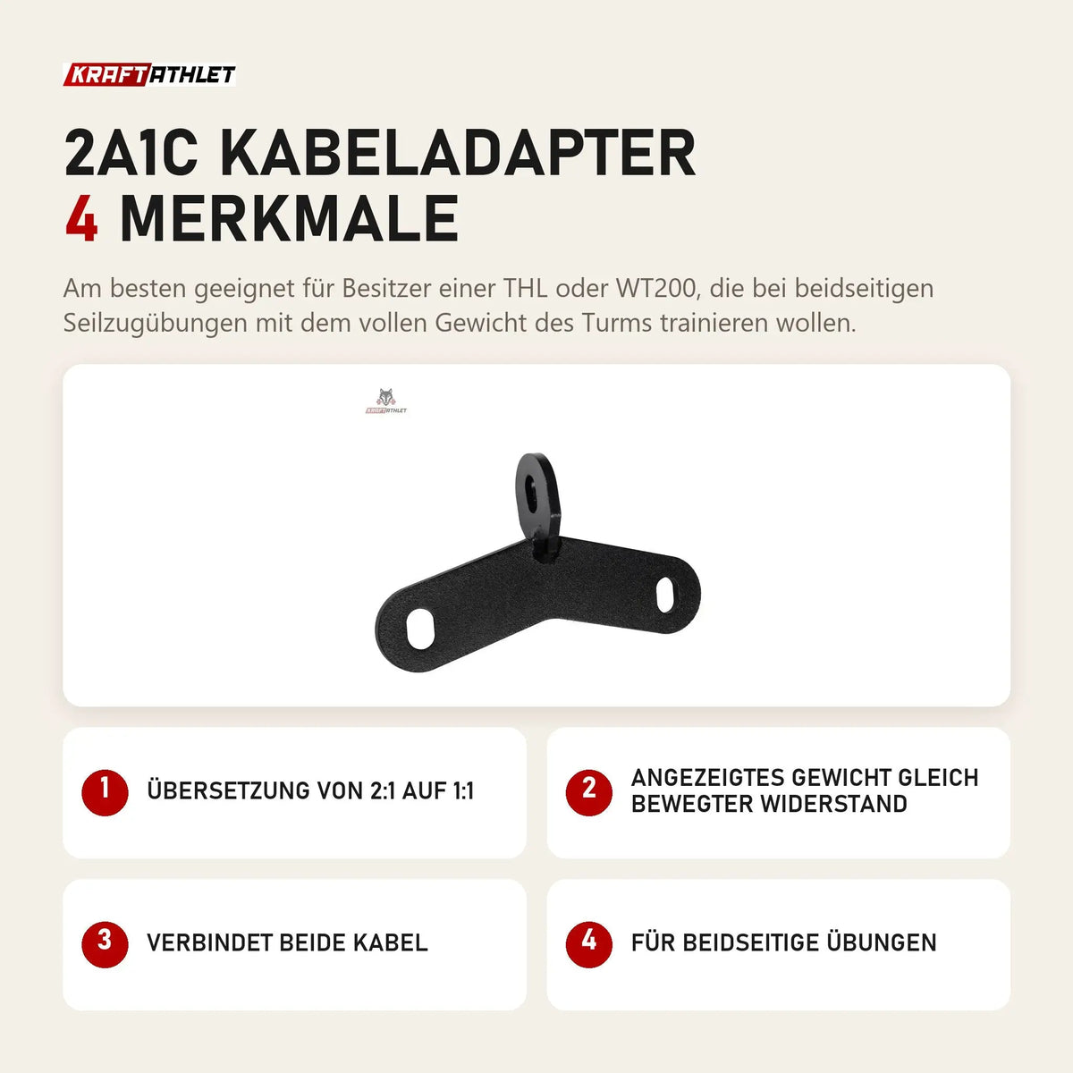 Titanium Strength 2A1C Kabeladapter mit 4 Merkmalen: Übersetzung von 2:1 auf 1:1, Angezeigtes Gewicht gleich bewegter Widerstand, Verbindet beide Kabel, Für beidseitige Übungen