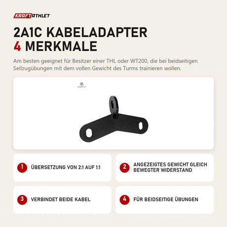 Titanium Strength 2A1C Kabeladapter mit 4 Merkmalen: Übersetzung von 2:1 auf 1:1, Angezeigtes Gewicht gleich bewegter Widerstand, Verbindet beide Kabel, Für beidseitige Übungen