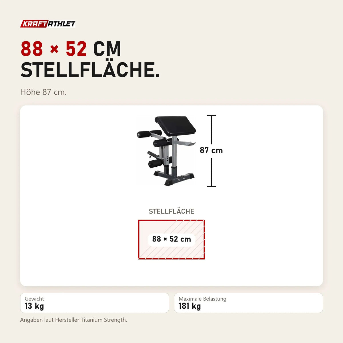 Maßbild Titanium Strength 330A Leg Developer und Scott-Pult für die 330BM: Stellfläche 88 × 52 cm, Höhe 87 cm