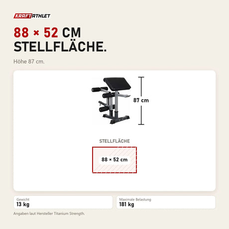 Maßbild Titanium Strength 330A Leg Developer und Scott-Pult für die 330BM: Stellfläche 88 × 52 cm, Höhe 87 cm