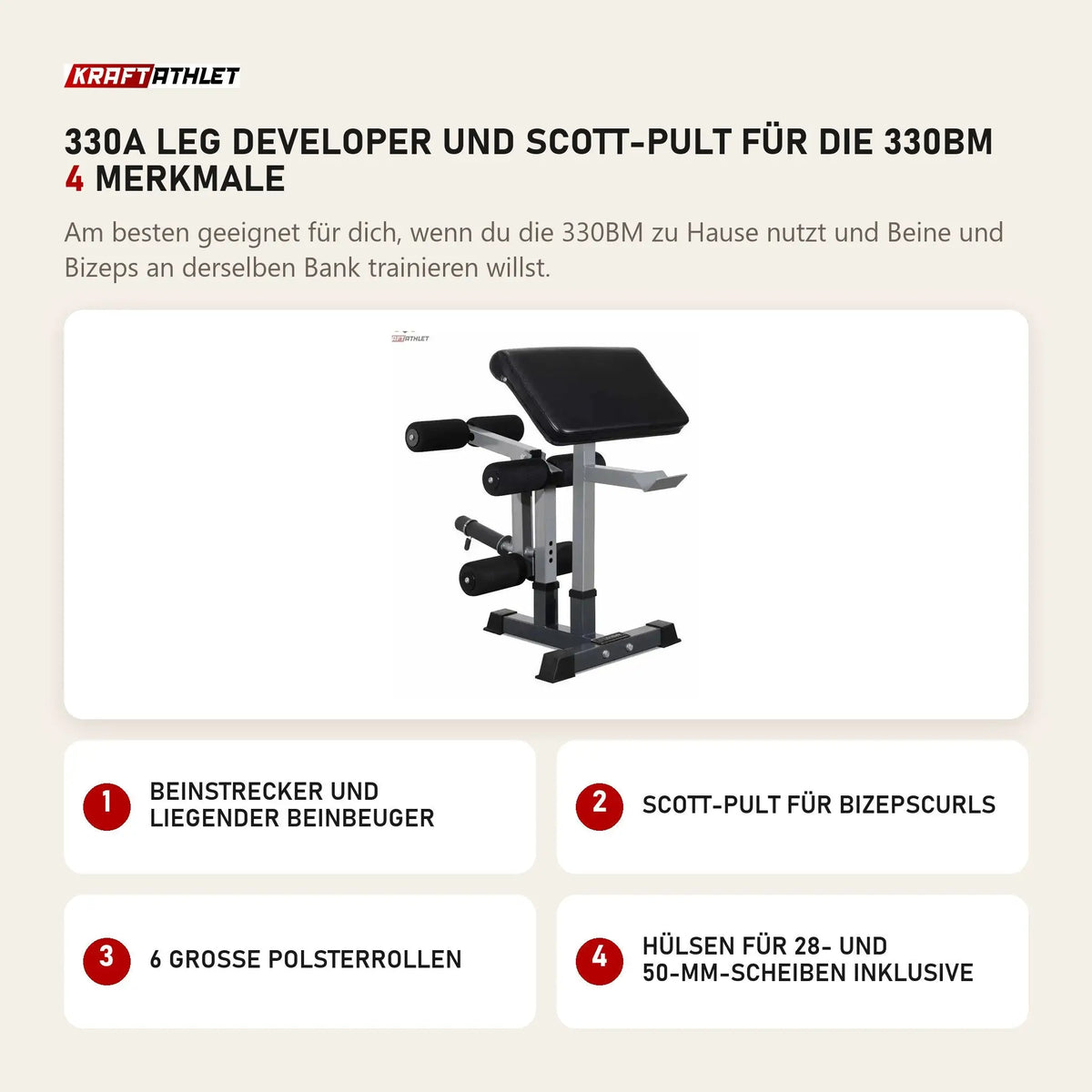 Titanium Strength 330A Leg Developer und Scott-Pult für die 330BM mit 4 Merkmalen: Beinstrecker und liegender Beinbeuger, Scott-Pult für Bizepscurls, 6 große Polsterrollen, Hülsen für 28- und 50-mm-Scheiben inklusive
