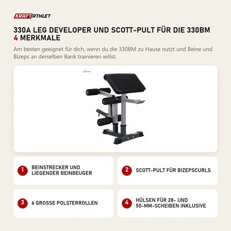 Titanium Strength 330A Leg Developer und Scott-Pult für die 330BM mit 4 Merkmalen: Beinstrecker und liegender Beinbeuger, Scott-Pult für Bizepscurls, 6 große Polsterrollen, Hülsen für 28- und 50-mm-Scheiben inklusive