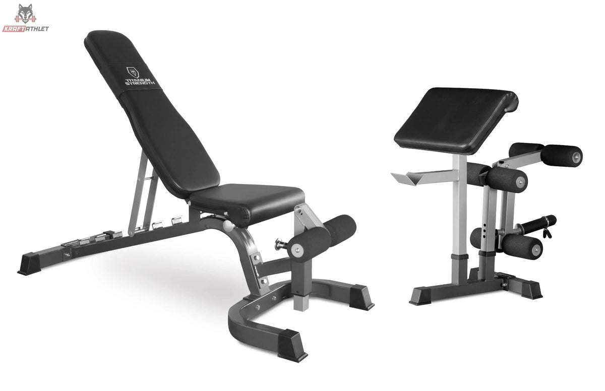 Titanium Strength 330A Leg Developer und Scott-Pult für die 330BM neben der Hantelbank, Seitenansicht