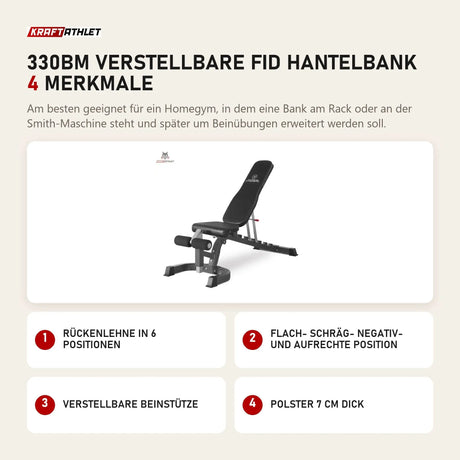 Titanium Strength 330BM Verstellbare FID Hantelbank mit 4 Merkmalen: Rückenlehne in 6 Positionen, Flach- Schräg- Negativ- und aufrechte Position, Verstellbare Beinstütze, Polster 7 cm dick