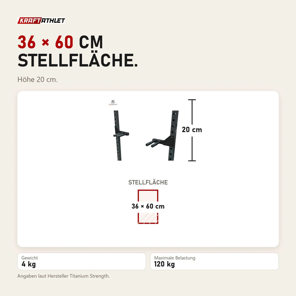 Maßbild Titanium Strength 340D Dip Handle X Line: Stellfläche 36 × 60 cm, Höhe 20 cm