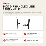 Titanium Strength 340D Dip Handle X Line mit 4 Merkmalen: Dips direkt im Rack, Zwei Griffbreiten, Parallele Griffe für neutralen Griff, Griffe ca. 32 cm lang