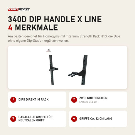 Titanium Strength 340D Dip Handle X Line mit 4 Merkmalen: Dips direkt im Rack, Zwei Griffbreiten, Parallele Griffe für neutralen Griff, Griffe ca. 32 cm lang