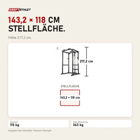Maßbild Titanium Strength 340PL Full Heavy Duty Power Cage: Stellfläche 143,2 × 118 cm, Höhe 217,2 cm