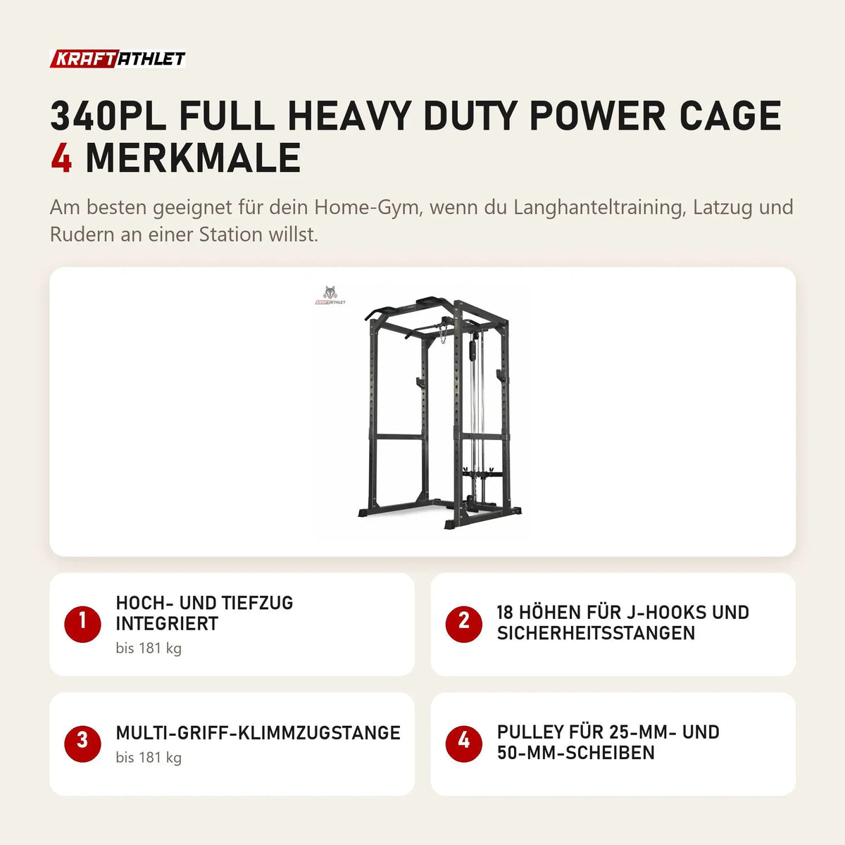 Titanium Strength 340PL Full Heavy Duty Power Cage mit 4 Merkmalen: Hoch- und Tiefzug integriert, 18 Höhen für J-Hooks und Sicherheitsstangen, Multi-Griff-Klimmzugstange, Pulley für 25-mm- und 50-mm-Scheiben