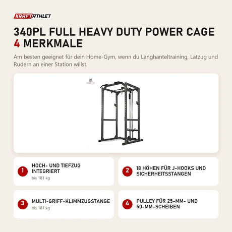 Titanium Strength 340PL Full Heavy Duty Power Cage mit 4 Merkmalen: Hoch- und Tiefzug integriert, 18 Höhen für J-Hooks und Sicherheitsstangen, Multi-Griff-Klimmzugstange, Pulley für 25-mm- und 50-mm-Scheiben