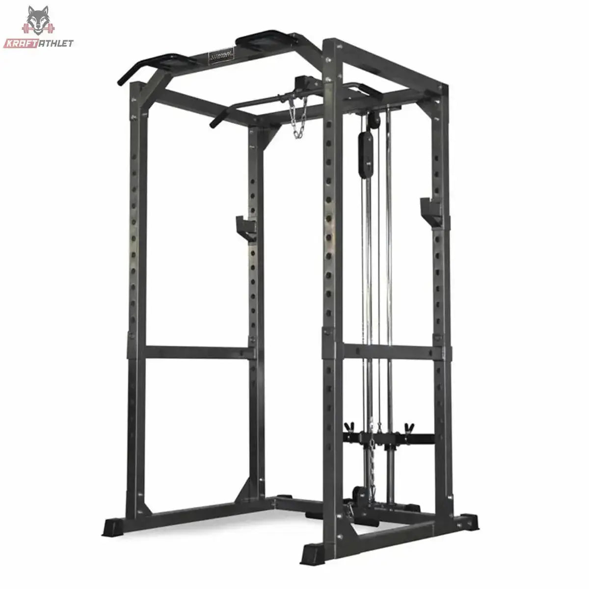 Titanium Strength 340PL Full Heavy Duty Power Cage in Schrägansicht mit Latzug, Klimmzugstange und Seilzug