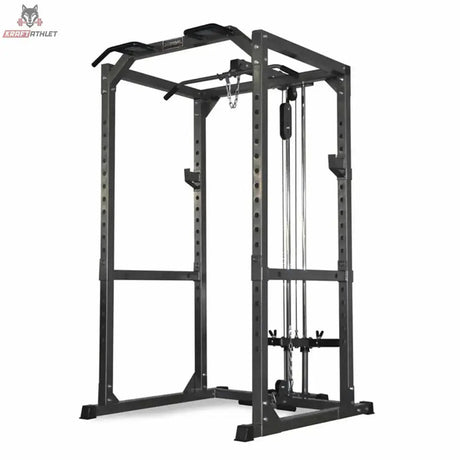 Titanium Strength 340PL Full Heavy Duty Power Cage in Schrägansicht mit Latzug, Klimmzugstange und Seilzug
