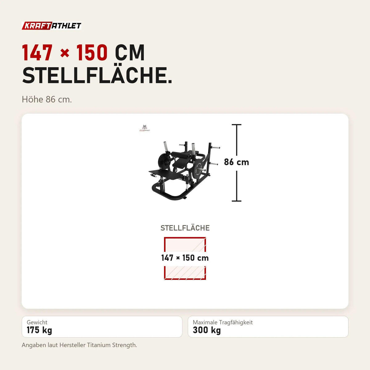 Maßbild Titanium Strength Advanced Hip Thrust Elite Series: Stellfläche 147 × 150 cm, Höhe 86 cm