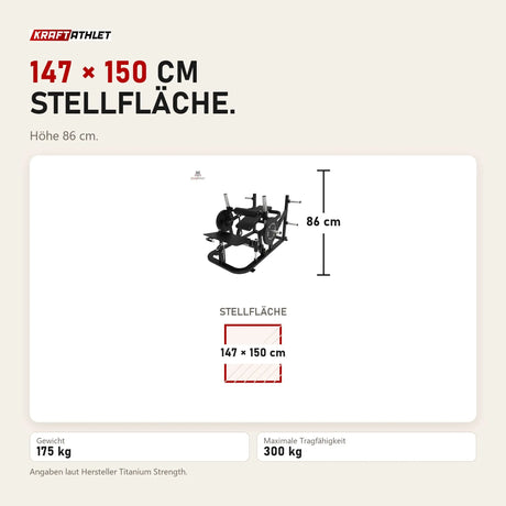 Maßbild Titanium Strength Advanced Hip Thrust Elite Series: Stellfläche 147 × 150 cm, Höhe 86 cm