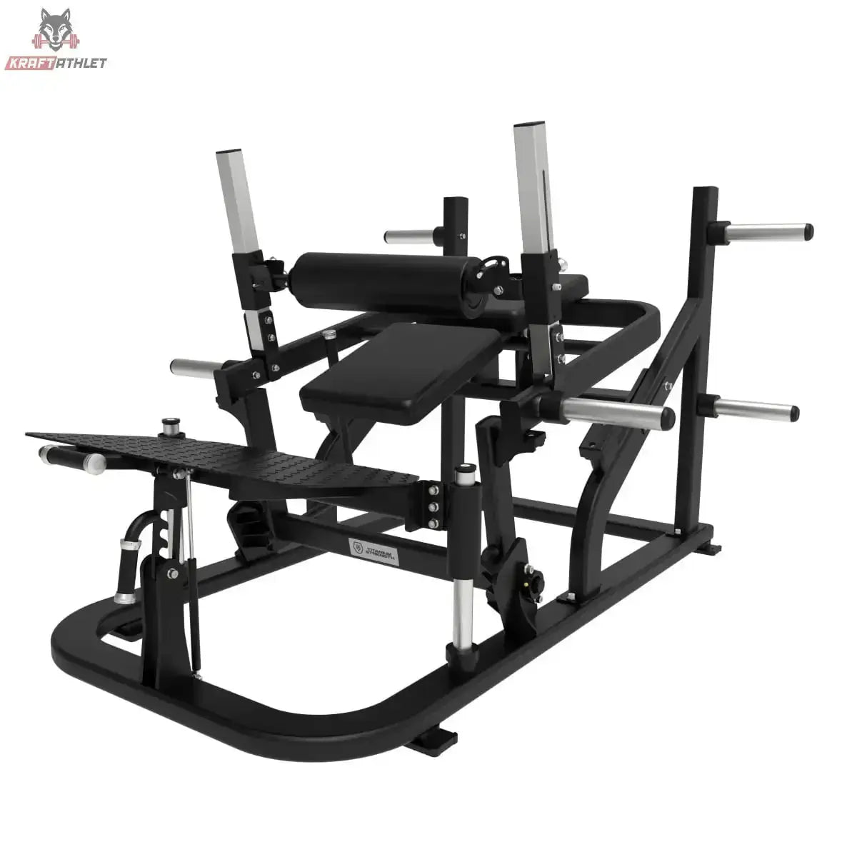 Titanium Strength Advanced Hip Thrust Elite Series in Schrägansicht von hinten mit Fußplattform und Rahmen