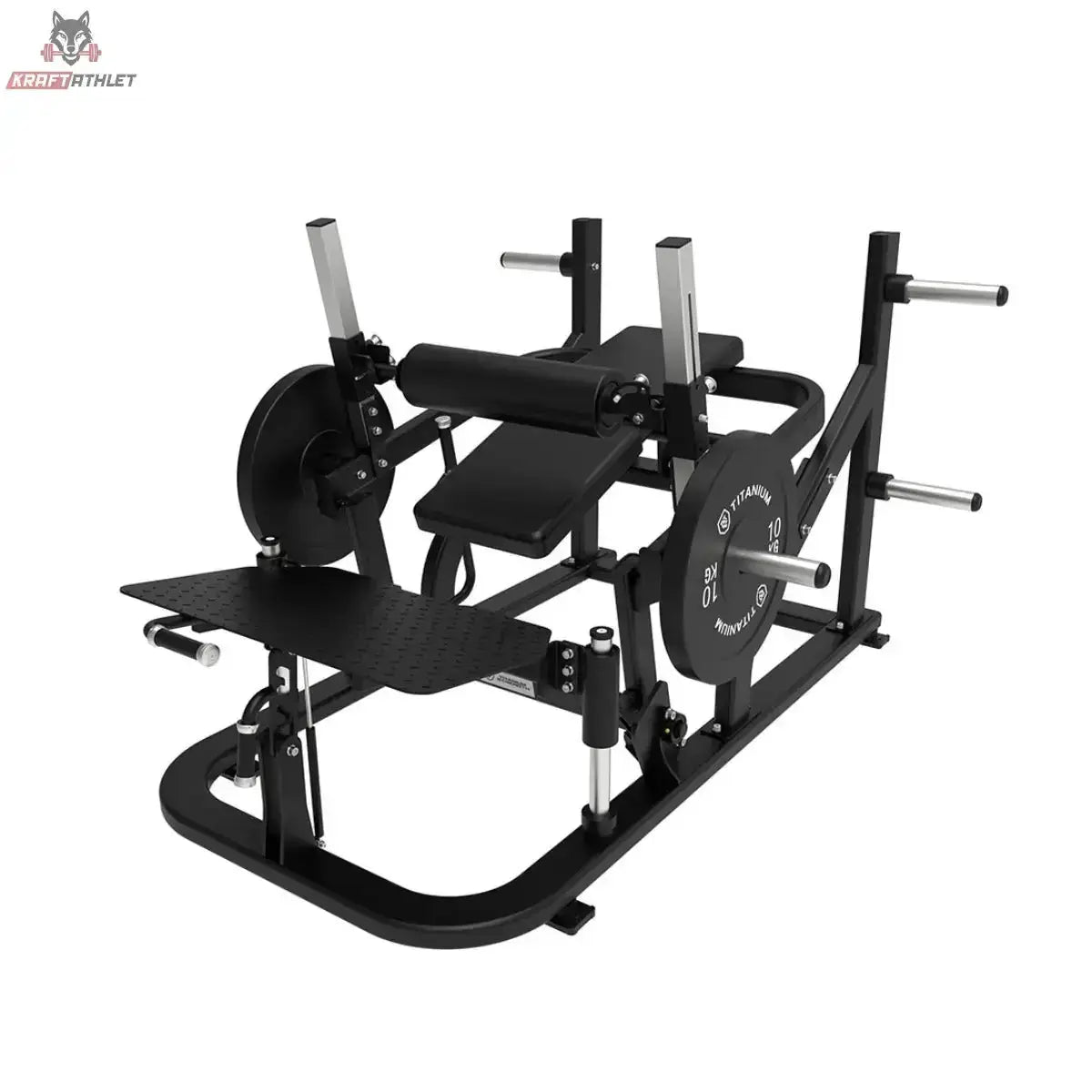 Titanium Strength Advanced Hip Thrust Elite Series in Schrägansicht von vorn mit Hüftpolster und Scheibenhörnern