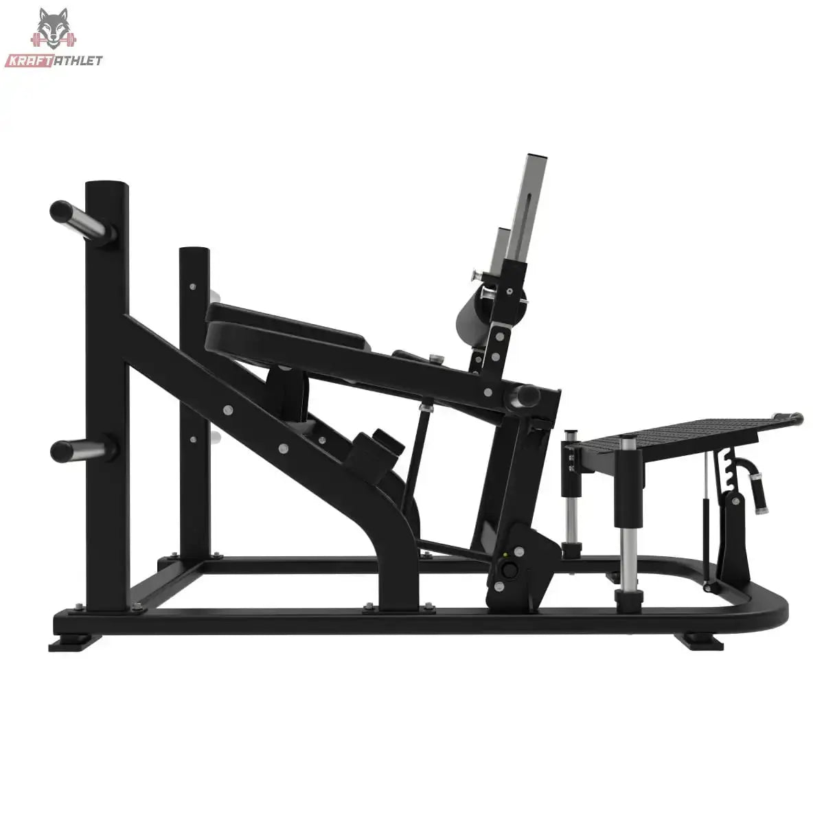 Titanium Strength Advanced Hip Thrust Elite Series in Seitenansicht von rechts mit Fußplattform und Hörnern