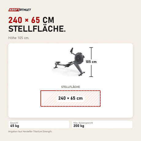 Maßbild Titanium Strength Air Rowing Machine Rudergerät: Stellfläche 240 × 65 cm, Höhe 105 cm