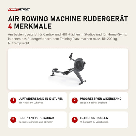 Titanium Strength Air Rowing Machine Rudergerät mit 4 Merkmalen: Luftwiderstand in 10 Stufen, Progressiver Widerstand, Hochkant verstaubar, Transportrollen