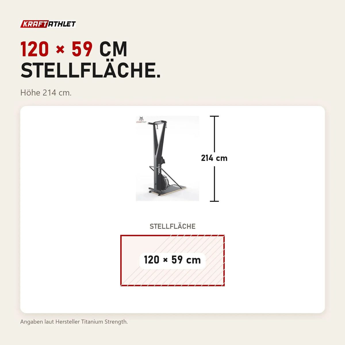 Maßbild Titanium Strength Air Ski Trainer mit Ständer: Stellfläche 120 × 59 cm, Höhe 214 cm