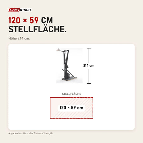 Maßbild Titanium Strength Air Ski Trainer mit Ständer: Stellfläche 120 × 59 cm, Höhe 214 cm