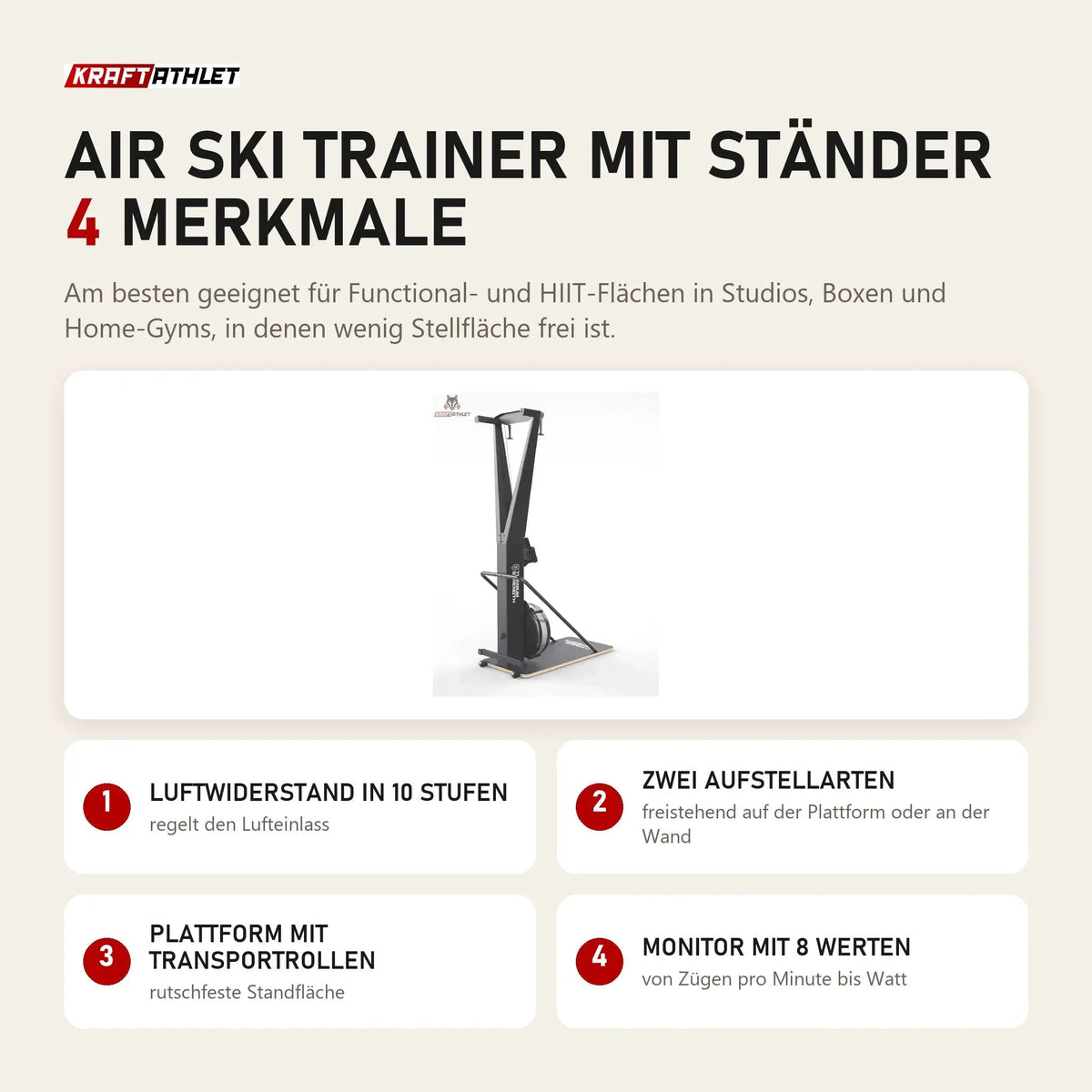 Titanium Strength Air Ski Trainer mit Ständer mit 4 Merkmalen: Luftwiderstand in 10 Stufen, Zwei Aufstellarten, Plattform mit Transportrollen, Monitor mit 8 Werten