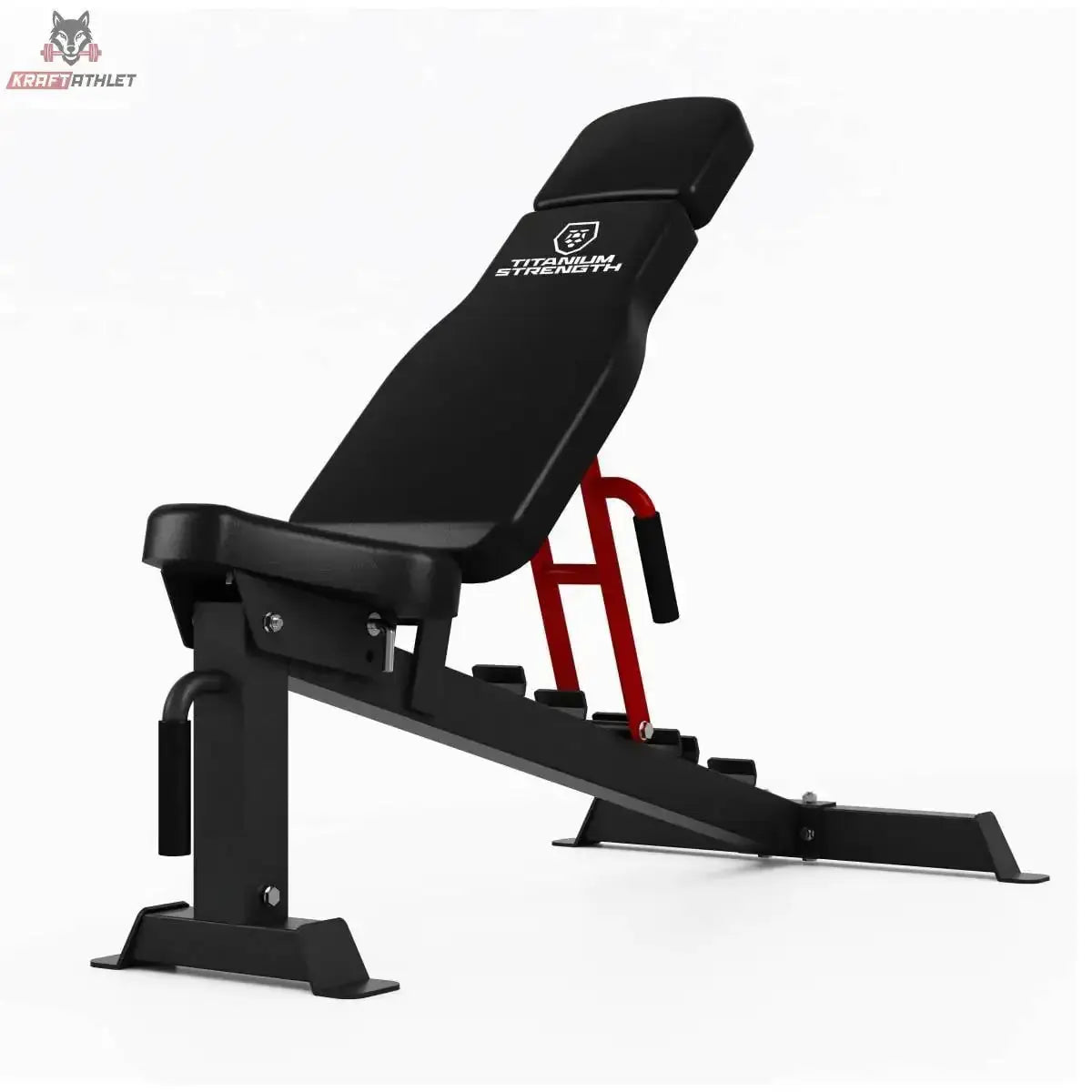 Titanium Strength All-in-One-Fitnessstudio Paket: verstellbare Hantelbank in Schwarz mit roten Details, Seitenansicht