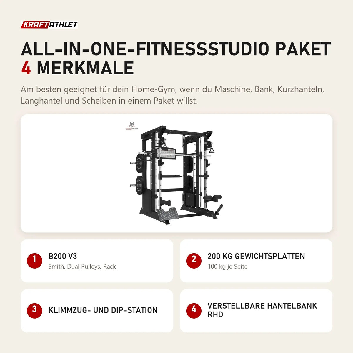 Titanium Strength All-in-One-Fitnessstudio Paket mit 4 Merkmalen: B200 V3, 200 kg Gewichtsplatten, Klimmzug- und Dip-Station, Verstellbare Hantelbank RHD