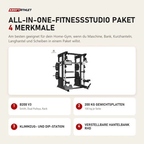 Titanium Strength All-in-One-Fitnessstudio Paket mit 4 Merkmalen: B200 V3, 200 kg Gewichtsplatten, Klimmzug- und Dip-Station, Verstellbare Hantelbank RHD