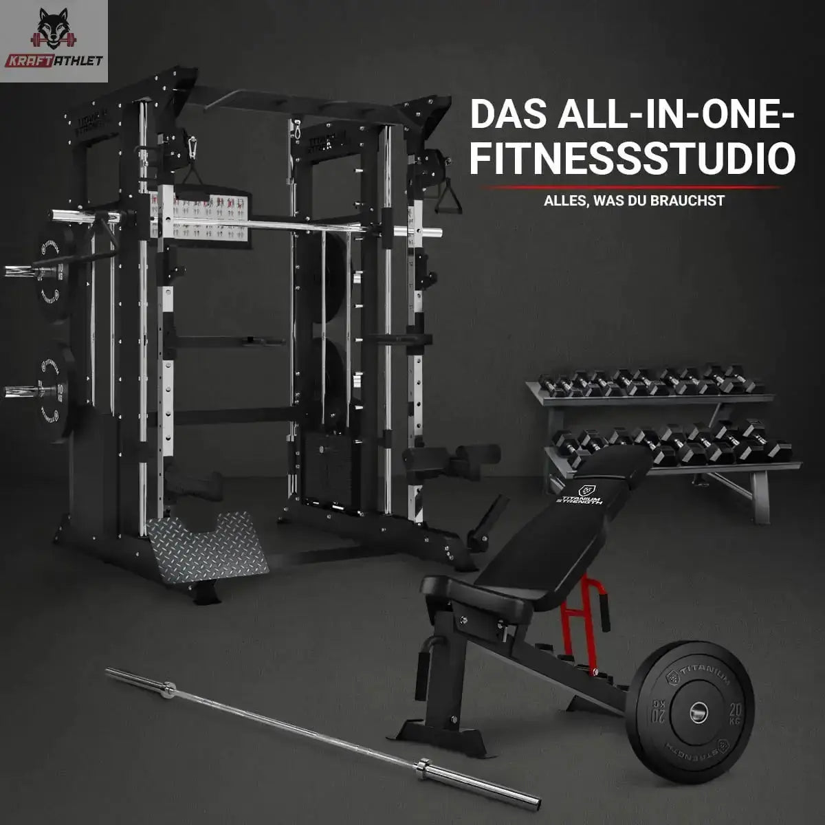 Titanium Strength All-in-One-Fitnessstudio Paket mit Multipresse, Hantelbank und Hanteln in einem dunklen Studio