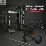 Titanium Strength All-in-One-Fitnessstudio Paket mit Multipresse, Hantelbank und Hanteln in einem dunklen Studio