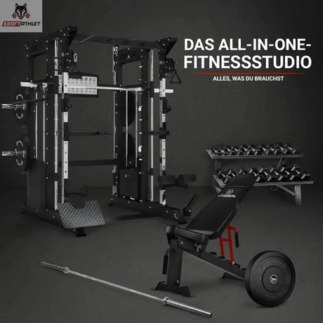 Titanium Strength All-in-One-Fitnessstudio Paket mit Multipresse, Hantelbank und Hanteln in einem dunklen Studio