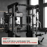 Titanium Strength All-in-One-Fitnessstudio Paket in einem fertig eingerichteten Studio mit dunklen Wänden und Gummiboden