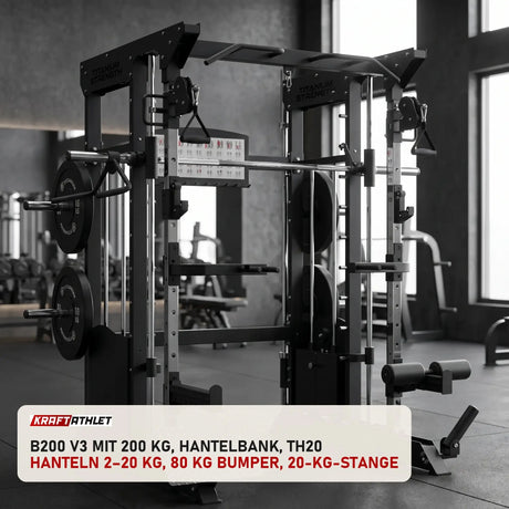 Titanium Strength All-in-One-Fitnessstudio Paket in einem fertig eingerichteten Studio mit dunklen Wänden und Gummiboden