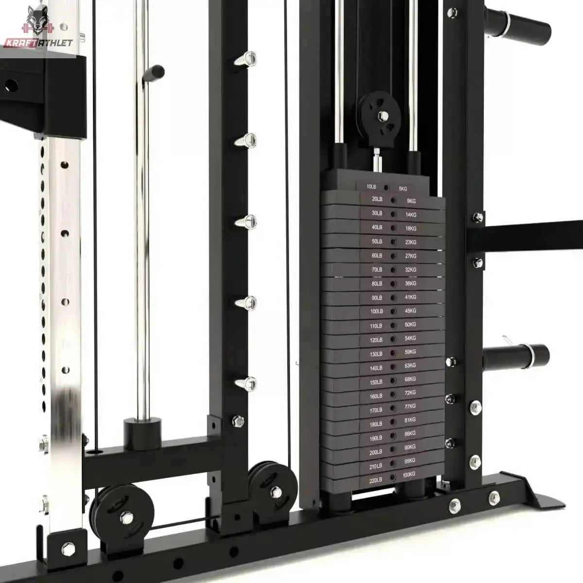 Titanium Strength All-in-One Trainer Full Set Up mit Hanteln, Detail des Gewichtsturms mit Stapelgewichten
