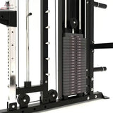 Titanium Strength All-in-One Trainer Full Set Up mit Hanteln, Detail des Gewichtsturms mit Stapelgewichten