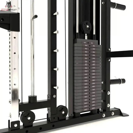 Titanium Strength All-in-One Trainer Full Set Up mit Hanteln, Detail des Gewichtsturms mit Stapelgewichten