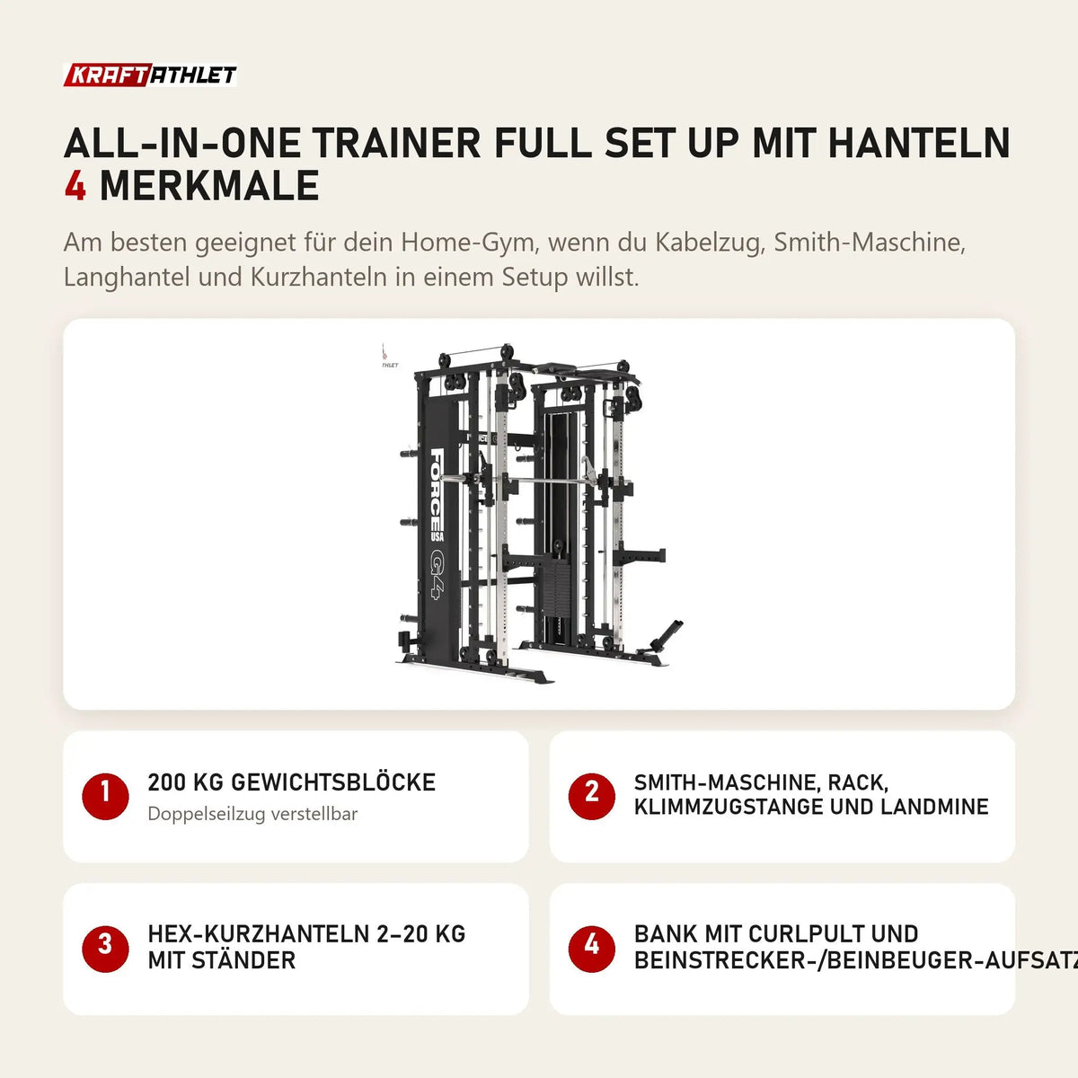 Titanium Strength All-in-One Trainer Full Set Up mit Hanteln mit 4 Merkmalen: 200 kg Gewichtsblöcke, Smith-Maschine, Rack, Klimmzugstange und Landmine, Hex-Kurzhanteln 2–20 kg mit Ständer, Bank mit Curlpult und Beinstrecker-/Beinbeuger-Aufsatz