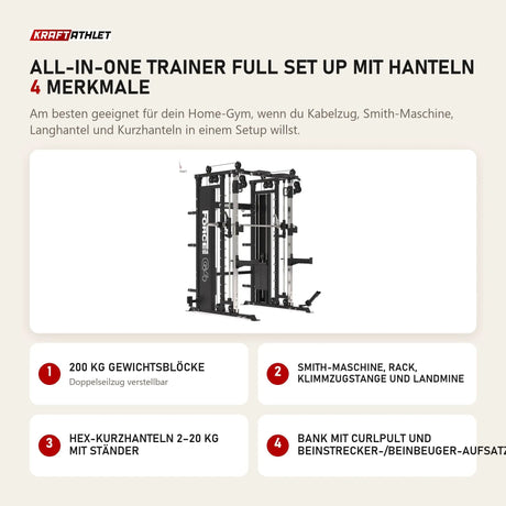 Titanium Strength All-in-One Trainer Full Set Up mit Hanteln mit 4 Merkmalen: 200 kg Gewichtsblöcke, Smith-Maschine, Rack, Klimmzugstange und Landmine, Hex-Kurzhanteln 2–20 kg mit Ständer, Bank mit Curlpult und Beinstrecker-/Beinbeuger-Aufsatz