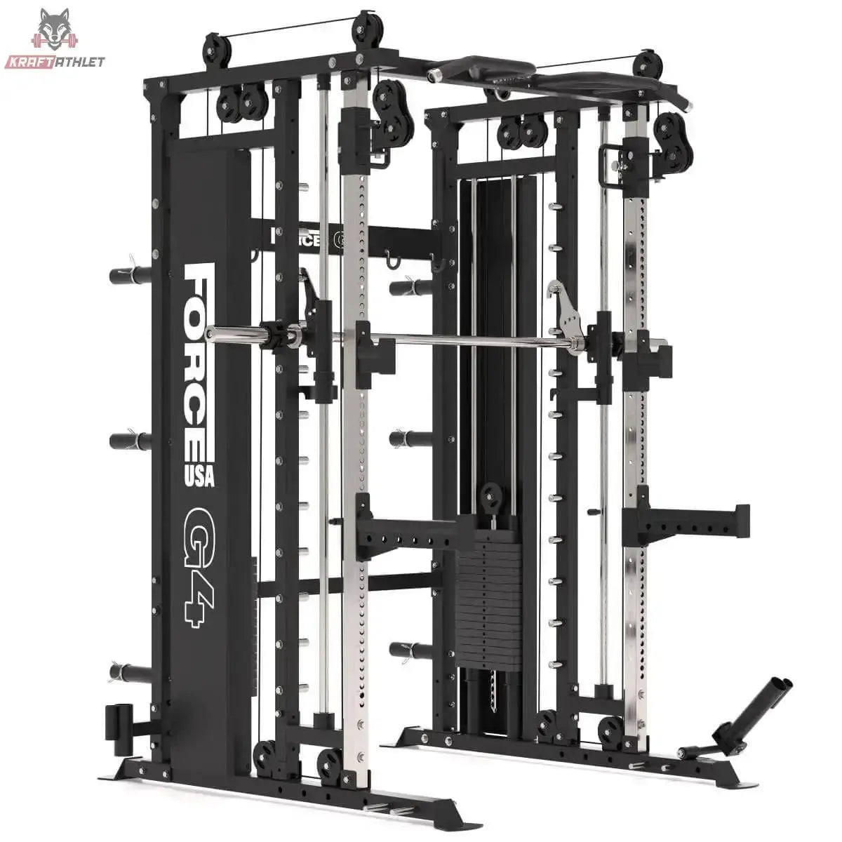 Titanium Strength All-in-One Trainer Full Set Up mit Hanteln, Kraftstation in Schwarz, Schrägansicht mit Kabelzügen
