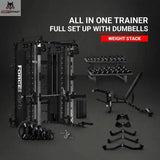 Titanium Strength All-in-One Trainer Full Set Up mit Hanteln, Übersicht mit Kraftstation, Hantelbank, Hanteln und Zubehör