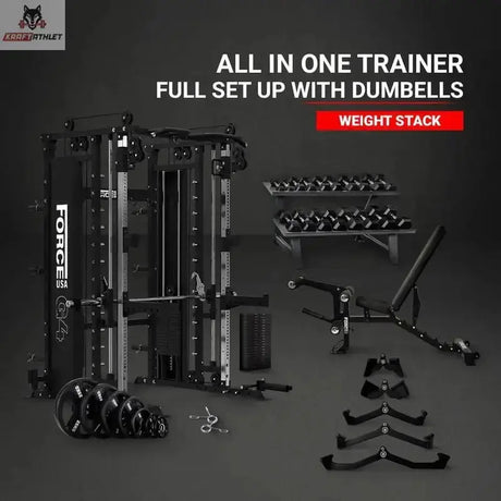 Titanium Strength All-in-One Trainer Full Set Up mit Hanteln, Übersicht mit Kraftstation, Hantelbank, Hanteln und Zubehör