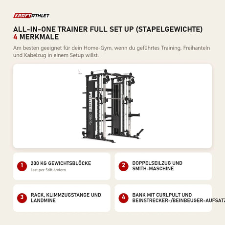 Titanium Strength All-in-One Trainer Full Set Up (Stapelgewichte) mit 4 Merkmalen: 200 kg Gewichtsblöcke, Doppelseilzug und Smith-Maschine, Rack, Klimmzugstange und Landmine, Bank mit Curlpult und Beinstrecker-/Beinbeuger-Aufsatz