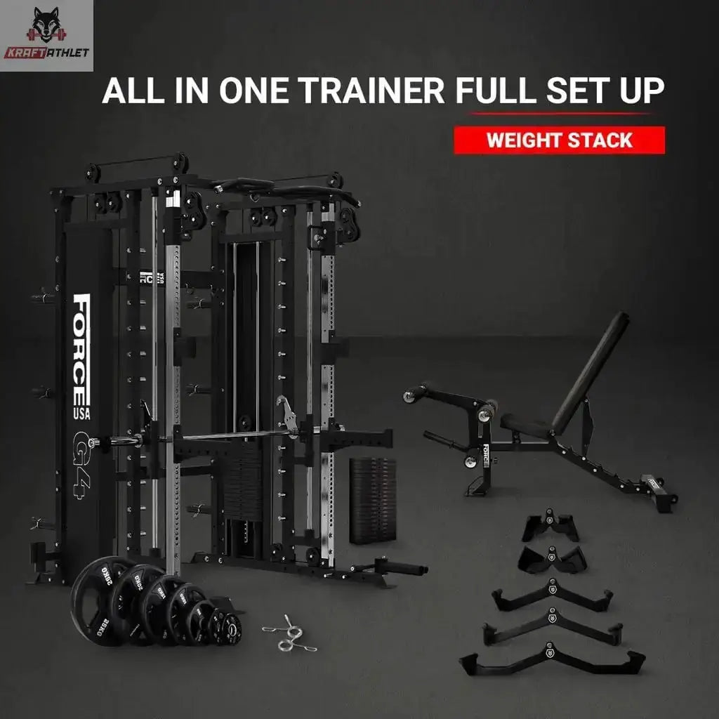 Titanium Strength All-in-One Trainer Full Set Up (Stapelgewichte), Gesamtset mit Bank, Scheiben und Griffen