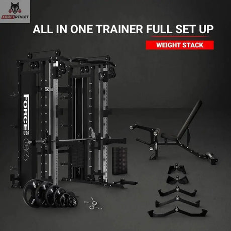 Titanium Strength All-in-One Trainer Full Set Up (Stapelgewichte), Gesamtset mit Bank, Scheiben und Griffen