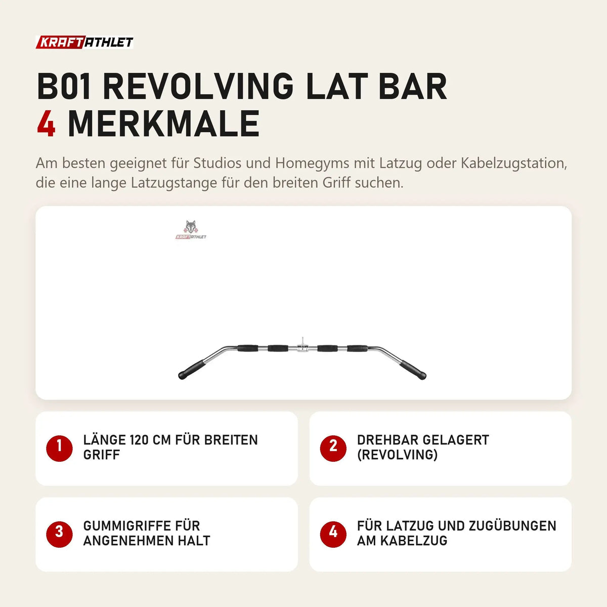 Titanium Strength B01 Revolving Lat Bar mit 4 Merkmalen: Länge 120 cm für breiten Griff, Drehbar gelagert (Revolving), Gummigriffe für angenehmen Halt, Für Latzug und Zugübungen am Kabelzug