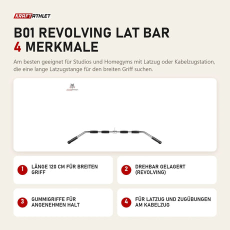 Titanium Strength B01 Revolving Lat Bar mit 4 Merkmalen: Länge 120 cm für breiten Griff, Drehbar gelagert (Revolving), Gummigriffe für angenehmen Halt, Für Latzug und Zugübungen am Kabelzug