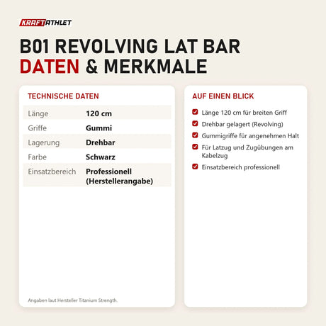 Technische Daten und Merkmale von Titanium Strength B01 Revolving Lat Bar als Tabelle
