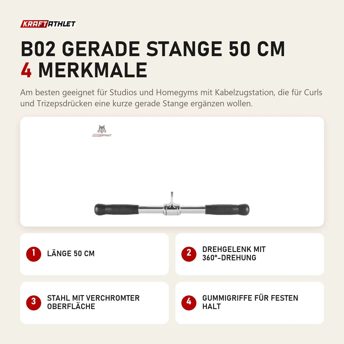 Titanium Strength B02 Gerade Stange 50 cm mit 4 Merkmalen: Länge 50 cm, Drehgelenk mit 360°-Drehung, Stahl mit verchromter Oberfläche, Gummigriffe für festen Halt