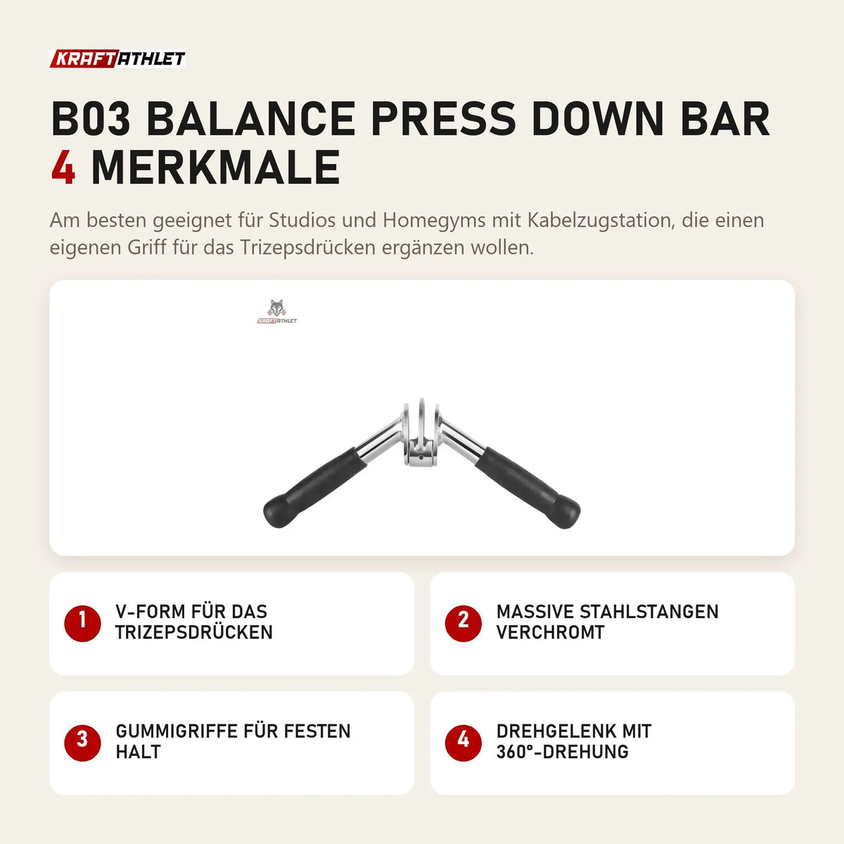 Titanium Strength B03 Balance Press Down Bar mit 4 Merkmalen: V-Form für das Trizepsdrücken, Massive Stahlstangen verchromt, Gummigriffe für festen Halt, Drehgelenk mit 360°-Drehung